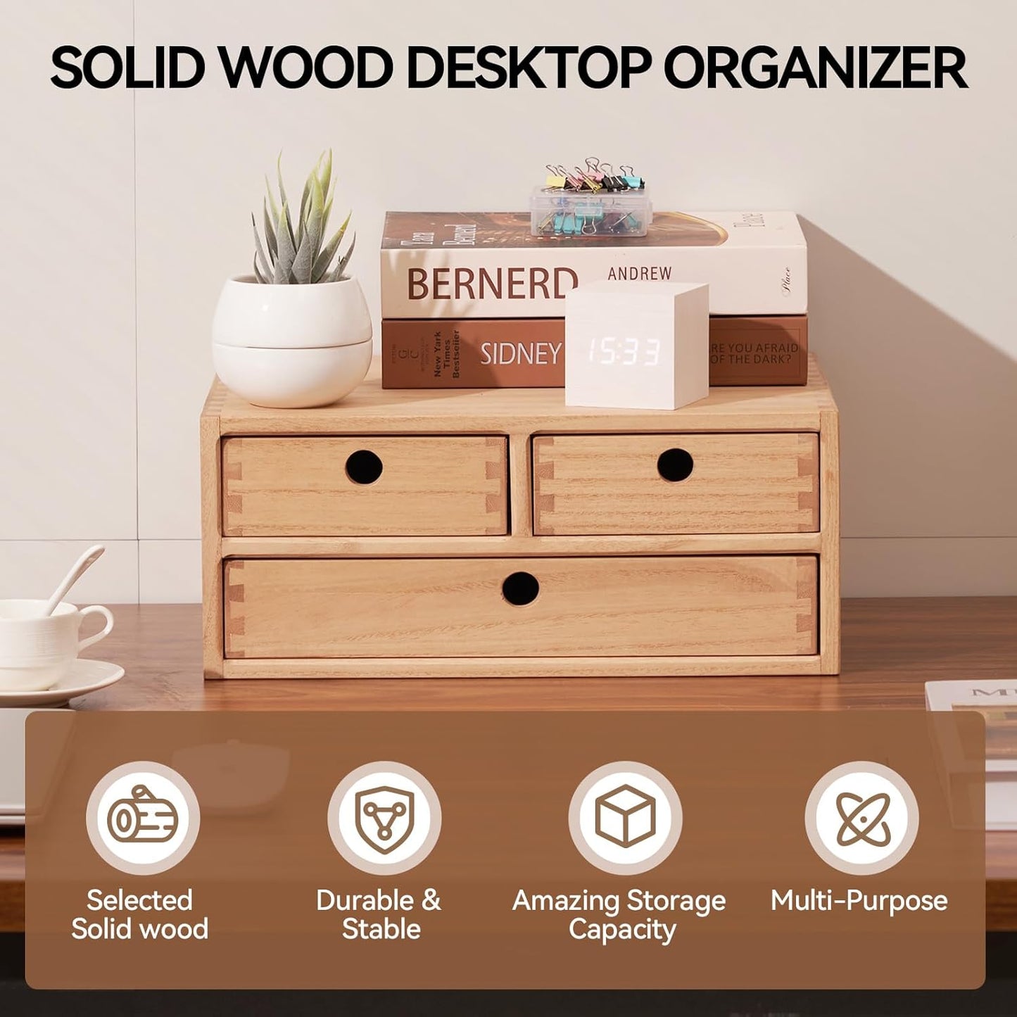 Kirigen Natural Wooden Desktop Organizer - Office Supplies Filing Tidy Storage Shelf - Storage Cabinet/Jewelry Organizer with 3 Drawers (NA, 2-Layer &3 Drawers)