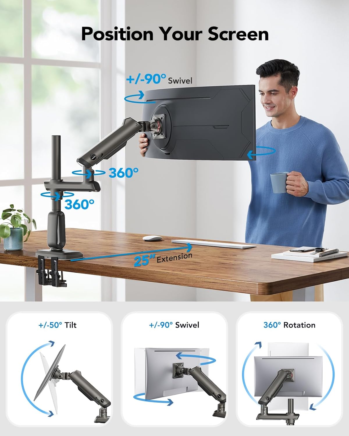 HUANUO Heavy Duty Monitor Arm for Ultrawide Screens up to 49", Holds 40 lbs, Aluminum Ultrawide Single Monitor Stand with 29.1" Max Height, Fully Adjustable Desk Mount, Max VESA 100x100mm