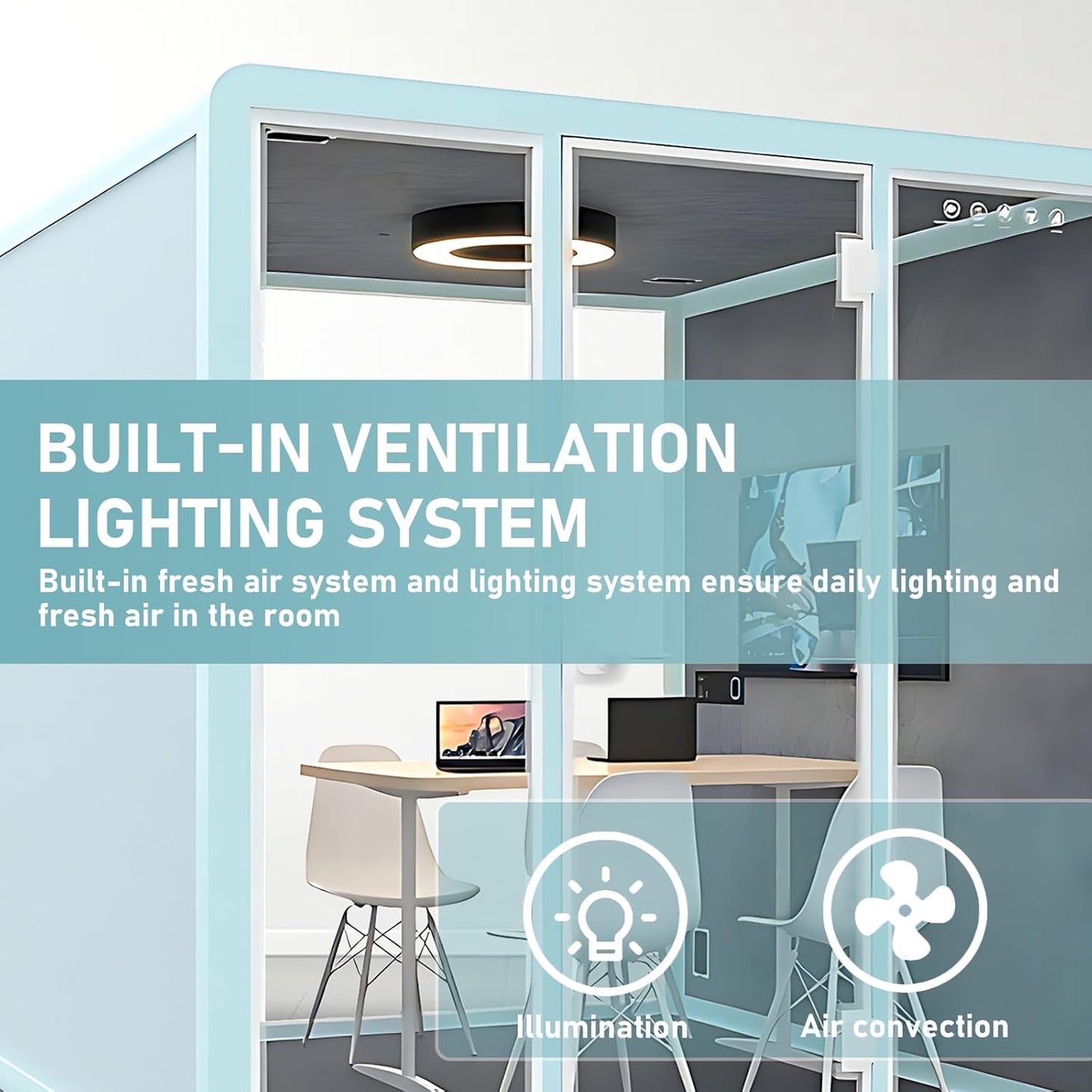 Office Sound Booth with Audio Privacy - Freestanding Soundproof Booth Includes Light Blue Frame Design,Modern Soundproof Room with Light, Socket,Casters for Meeting,Negotiation (86.61IN)