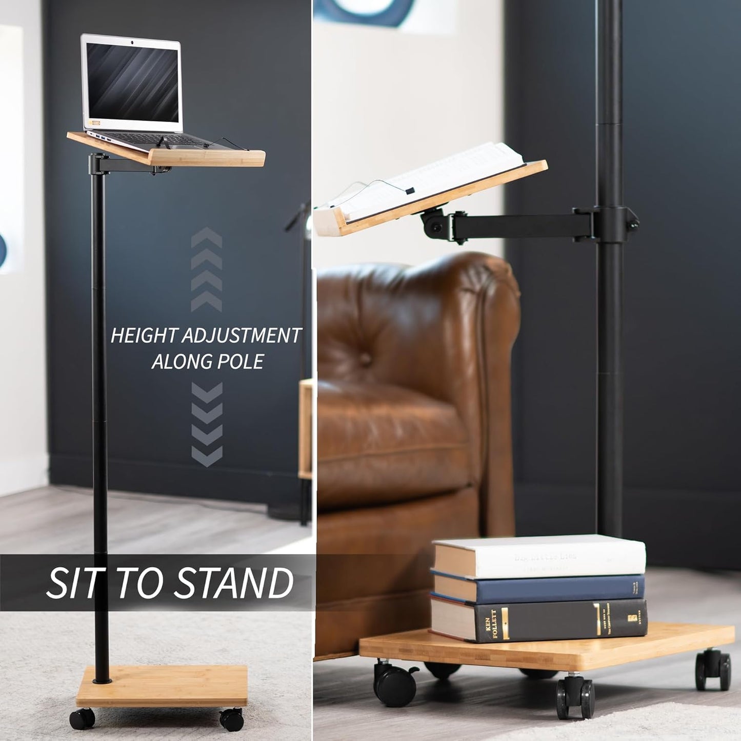 VIVO Mobile 16 inch Mobile Podium Reading Stand, Portable Rolling Book Holder, Real Bamboo Surfaces and Black Pole, CART-BK01B