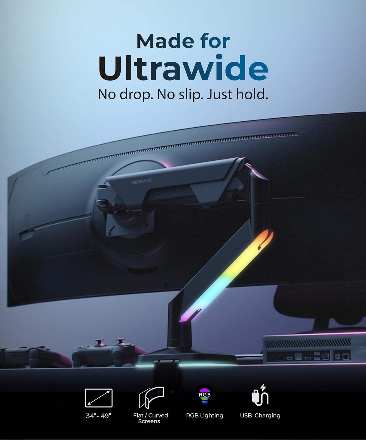 Heavy Duty Ultrawide Monitor Arm with RGB Lighting & USB Charging, Fits 34 to 49 inch Curved Screens, Supports 14 to 38 lbs, Adjustable Desk Mount, Compatible with Gaming Setup, White