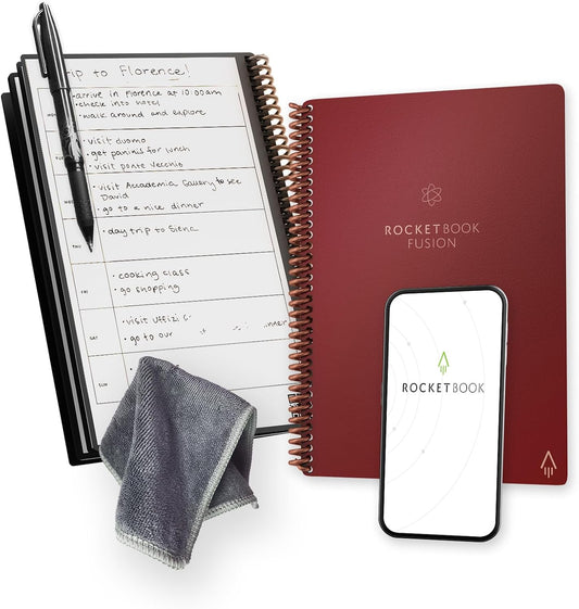Rocketbook Fusion Smart Wiederverwendbares Notizbuch, To-Do-Listen & Notizvorlagen-Seiten | 1 Pilot Frixion Stift & 1 Mikrofasertuch, Executive - Rot