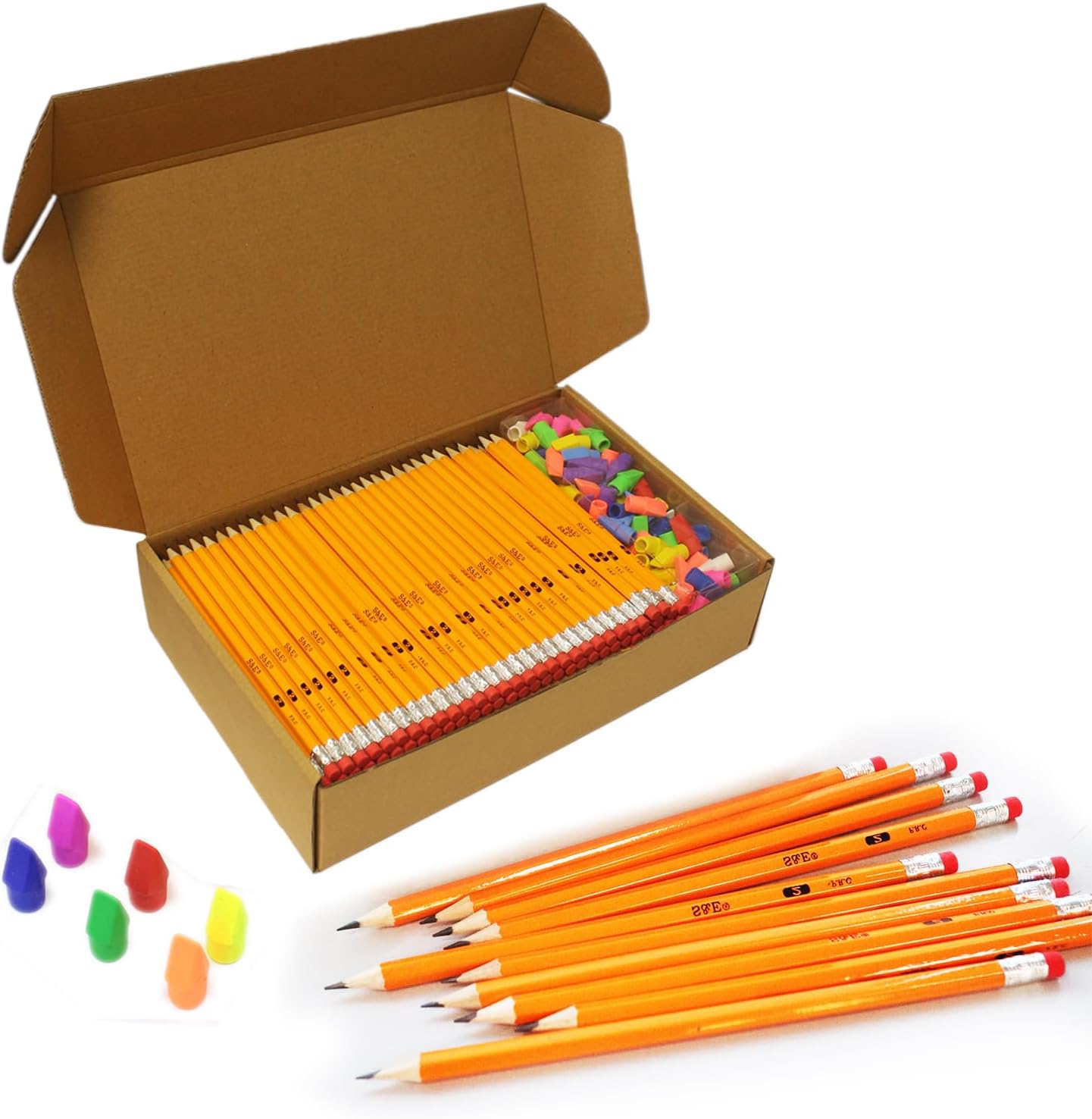 S & E TEACHER'S EDITION 432Pcs Pencils & Erasers Tops Set, 288 Pcs Pre-sharpened pencils No. 2, with 144Pcs Eraser Caps, #2 HB pencil sharpened, Back to school, 432Pcs/box.