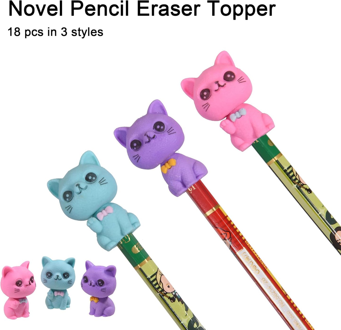 18Pcs Pencil Top Erasers for Kids, 3D Cute Cat Pencil Toppers, Bulk Fun Pencil Cap Easters for School Classroom Supplies Prize Gifts Party Favors