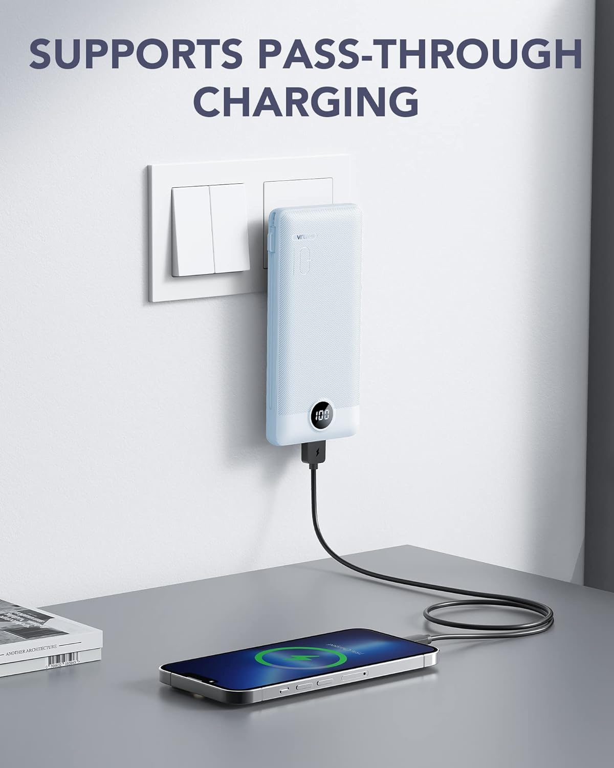 VRURC Portable Charger Built-in Cables and AC Wall Plug, USB C Power Bank 10000mAh, Travel Essentials Phone Charger Compact Lightweight External Battery Pack for Smart Phones, Tablets etc-Blue