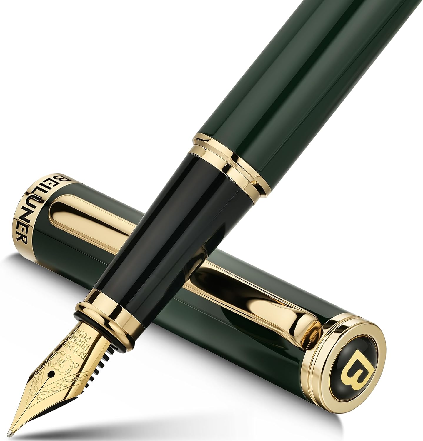 BEILUNER British Racing Green Fountain Pen,Stunning Luxury Pens with 24K Gold Accents, Gorgeous 24K Gilded Nib(Medium), Ink Converter, Pen Gift for Men&Women-Elegant, Reliable,Fancy for Writing