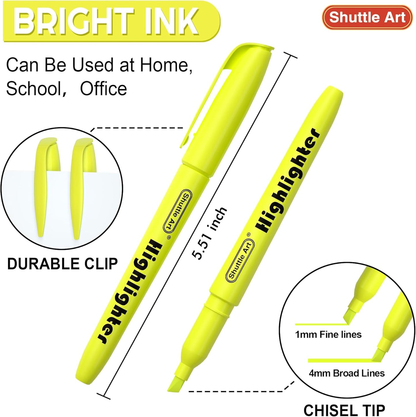 Shuttle Art 144 Pack Highlighters, Yellow Highlighter Pen Bulk with Versatile Chisel Tip Dry-Quickly Non-Toxic Highlighter Markers for Adults Kids Highlighting in Home School Office