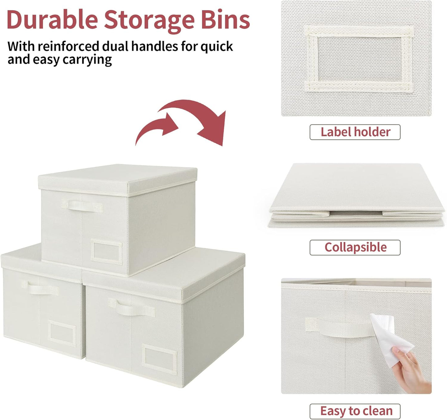 GRANNY SAYS Fabric Storage Bins with Lids, Storage Basket for Clothes, Decorative Storage Boxes, Closet Storage and Organizers, Ivory, 3-Pack