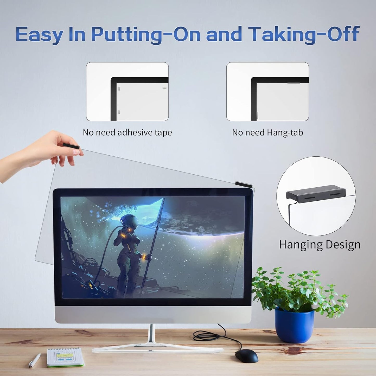 Computer Privacy Screen Filter 27 Inch, 9H Hardness Hanging Computer Screen Privacy Shield Compatible with 16:9 Widescreen Monitor, Eye Protection and Blue Light Blocks