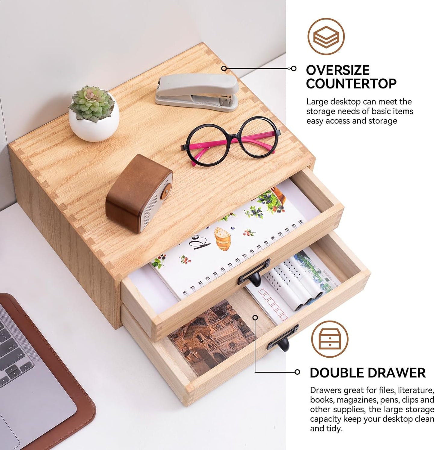 Kirigen Natural Wood Desktop Storage Cabinet -Shallow Type Drawers - Fax Stand with metal handle - Small File organizer Size 13.78"L*10.6"W*5.9"H(NA, 2-Layer &2 Drawers)