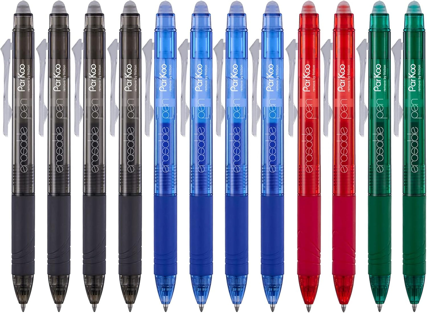 ParKoo Retractable Erasable Gel Pens Clicker Fine Point 0.7 mm, No Need for White Out, 4 Assorted Color Inks for Completing Sudoku and Crossword Puzzles, 12-pack