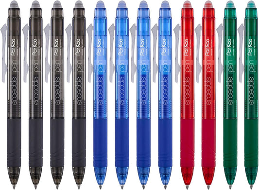 ParKoo Retractable Erasable Gel Pens Clicker Fine Point 0.7 mm, No Need for White Out, 4 Assorted Color Inks for Completing Sudoku and Crossword Puzzles, 12-pack