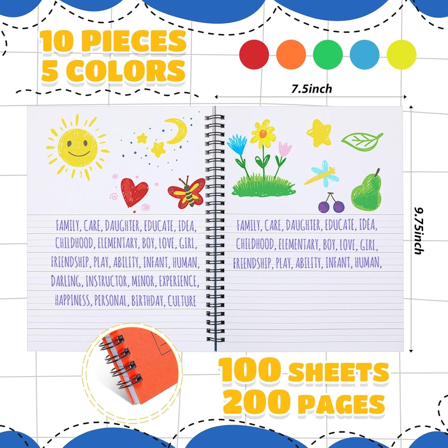 Henoyso 10 Pcs 100/50 Sheets Primary Composition Notebook K-2 Bulk Spiral Primary Journal Drawing Handwriting Practice for Kids Kindergarten 1st 2nd Back to School Supplies (Bright Color,100 Sheets)