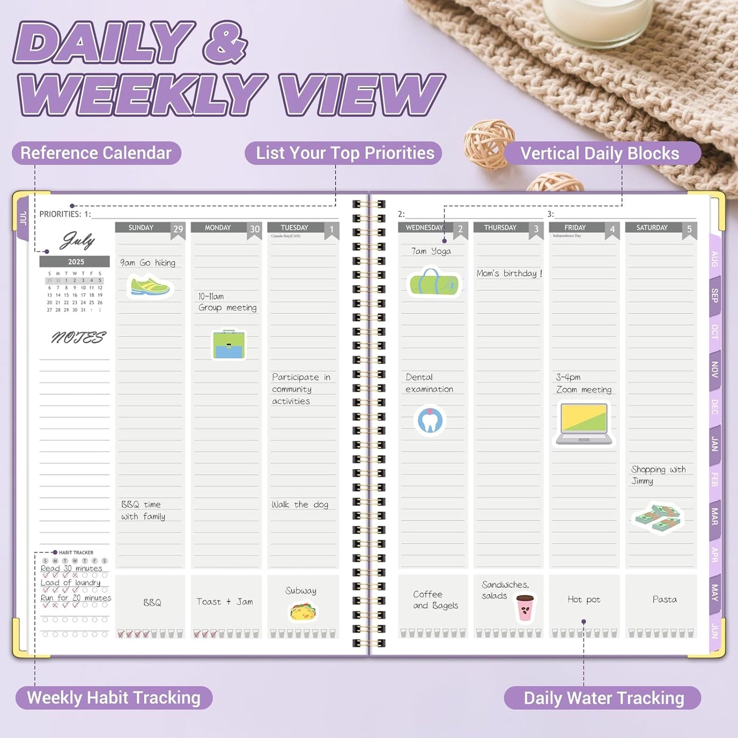 Academic Planner 2025-2026 (8.5" x 11") - Weekly & Monthly Planner (Jul. 2025 - Jun. 2026), Column View Calendar Organizers, Hardcover Agenda Book with Tabs for Office & School, Purple