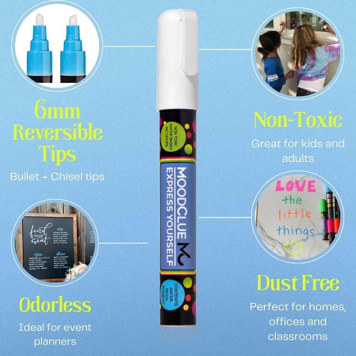 Liquid chalk markers washable, erasable, dry or wet erase. 6 neon markers for whiteboards, glass boards, mirrors, chalkboards, windows, car windshields, glass. Non-toxic, reverse tip pens