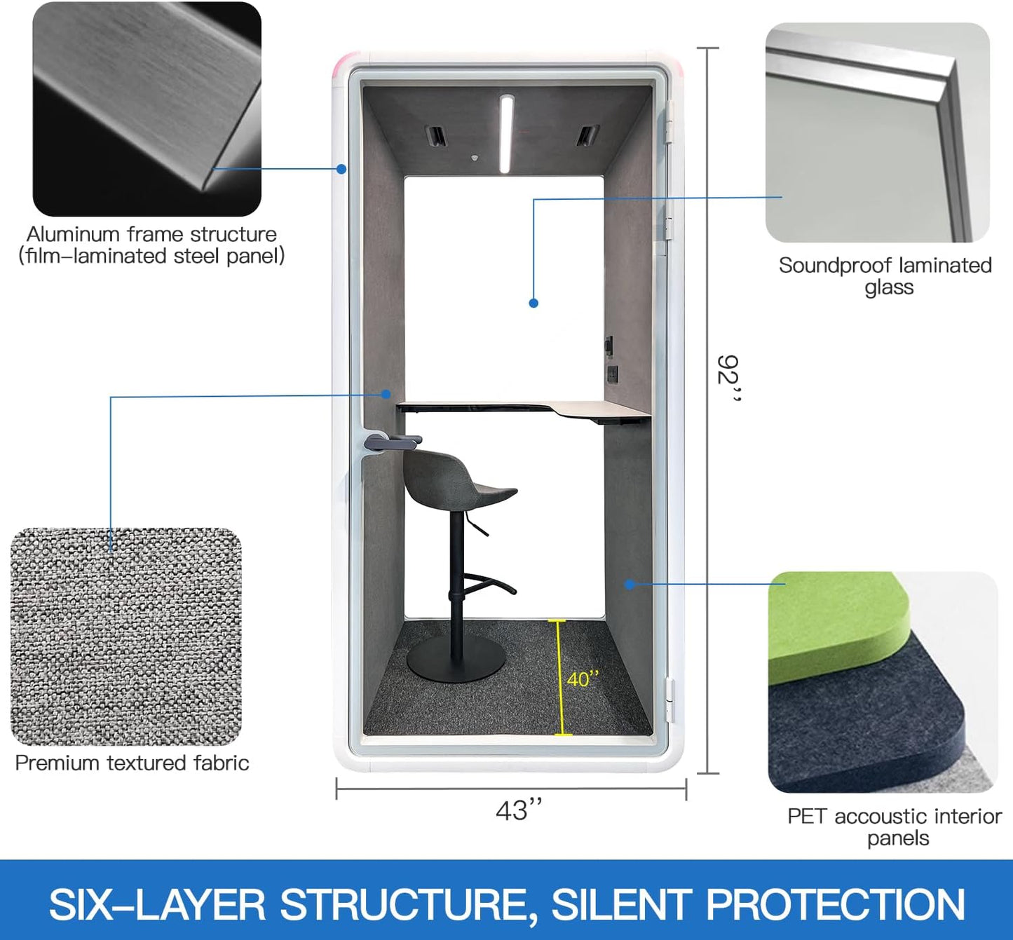 Soundproof Office Pod Booth, Quiet Meeting Pod with Acoustic Panels, Portable Modular Pod, Privacy Booth for Private Phone Calling, Single Person Workspace with Sound Isolation H92in W43in D40in