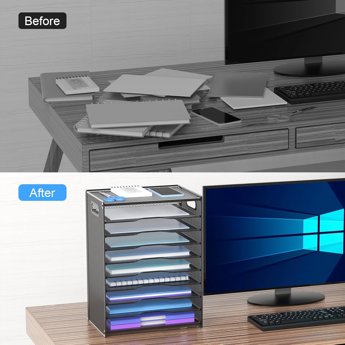 OUTWOLF 10 Tier Paper Organizer - Letter Tray Mesh Desk File Organizer with Handles for Office School Desktop, Black 2 Pack