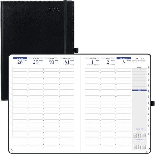 POPRUN 2026 Weekly Planner (A4 Size-8.25'' x 11.75''), 15-Minute Appointment Book (Jan 2026-Dec 2026) with Monthly Tabs, Inner Pockets, Pen Holder, PU Leather Softcover, 100GSM - Black