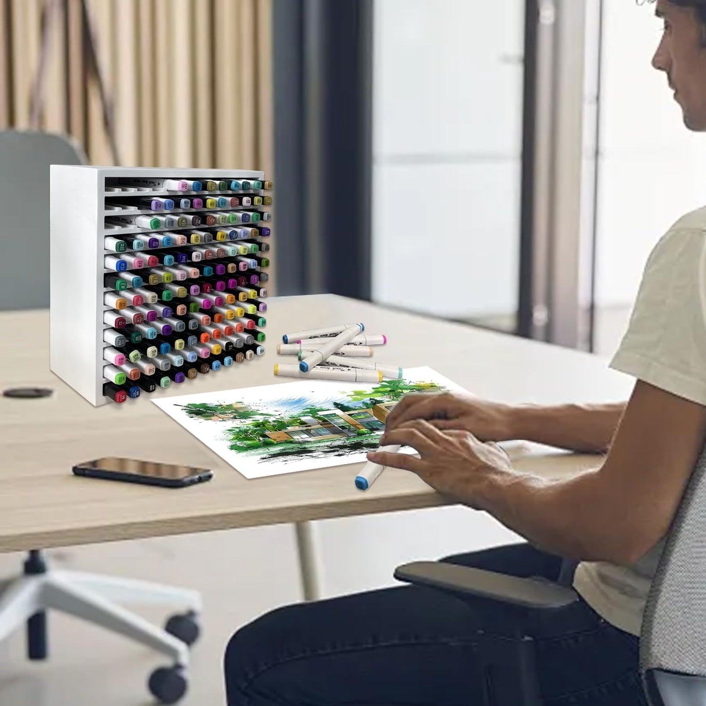 MinBoo Bamboo Art Supply Storage Rack - Wooden Marker Organizer for 144 Markers, Pens, Colored Pencils, Paint Brushes (White)