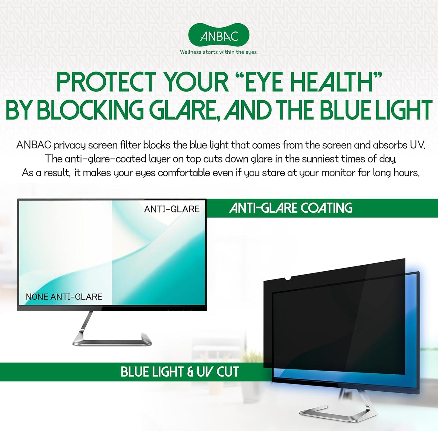 20.1 Inch Desktop Privacy Screen Shield for 16:10 Wide Monitor - Anti Glare Computer Privacy Screen Cover | Blue Light Blocking Screen Protector | Scratch Resistant UV Filter | Attachment Type