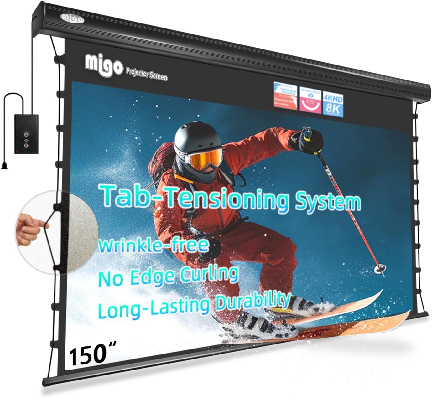 150 inch pull down projector screen, Grey Crystal Material 2.0 Gain 4K Ultra HD Projector Screen Ceiling Mount with remote for Ultra Short Throw Projector Movie Home Theater Cinema(Black Housing)