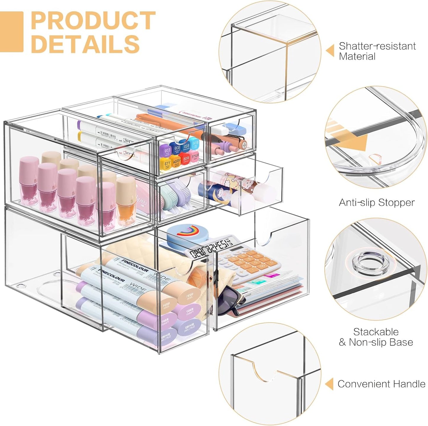 Desk Organizer with 7 Drawers, FODIENS 7 Packs Acrylic Stackable Desktop Storage Drawers Makeup Organizer, Clear Craft Storage Box Cabinets for Office Vanity Countertop Bathroom Bedroom