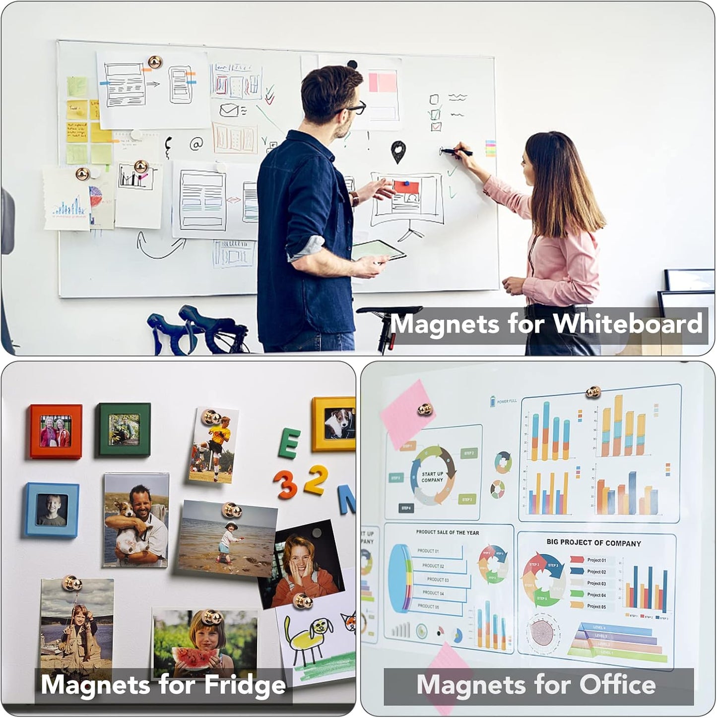 20 PCS Refrigerator Magnets, Gold Metal Push Pin Magnets, Ideal for Whiteboard, Fridge, Office, Classroom, Map