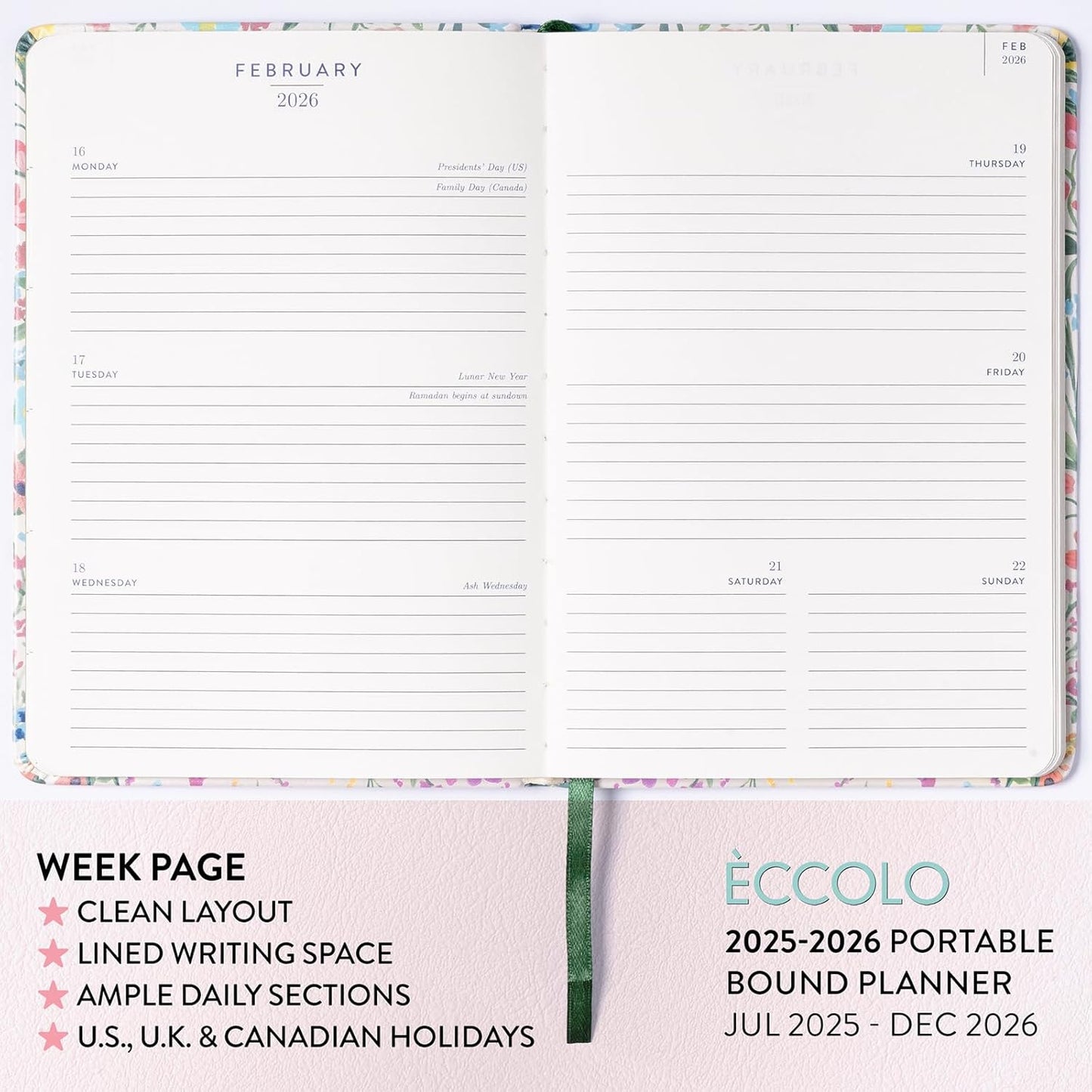 2025-2026 Eccolo 18 Month Bound Planner, Monthly & Weekly Pages (5.25 x 7.75" - July 2025 - Dec 2026 - Flower Garden)