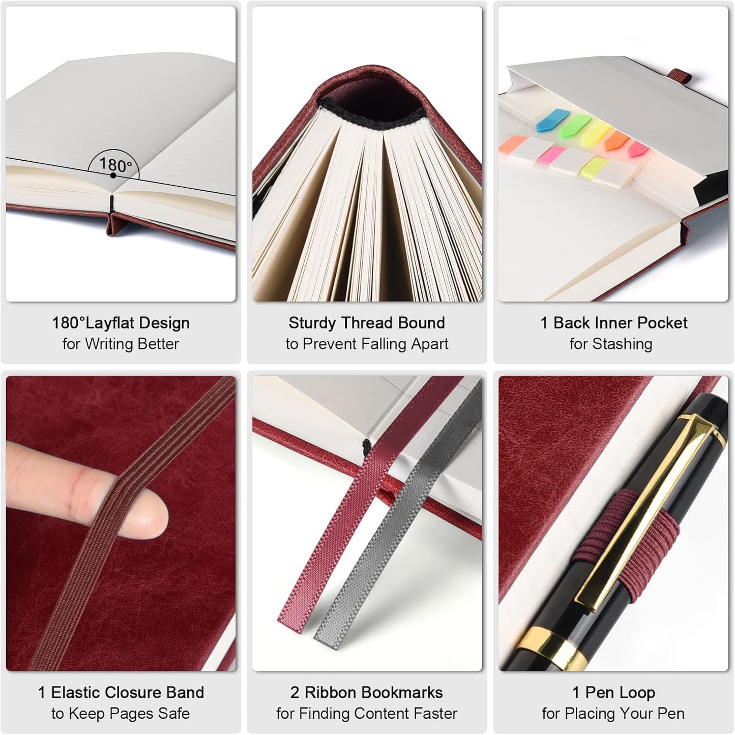 Lined Journal Notebook, Large A5 Hardcover Leather Journal, 312 Numbered Pages Work Notebook, 100gsm No Bleed Paper, College Ruled Notebook for Women Men School Office, 5.75" x 8.38", Burgundy