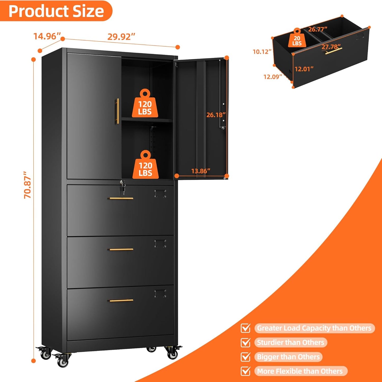 Aobabo Metal 3 Drawers Lateral File Storage Cabinet and Unit Adjustable Shelf Organizer, Steel Files Cabinet with Wheels, 2 Door Storage for Office Legal/Letter A4 Size, Assembly Required, Black