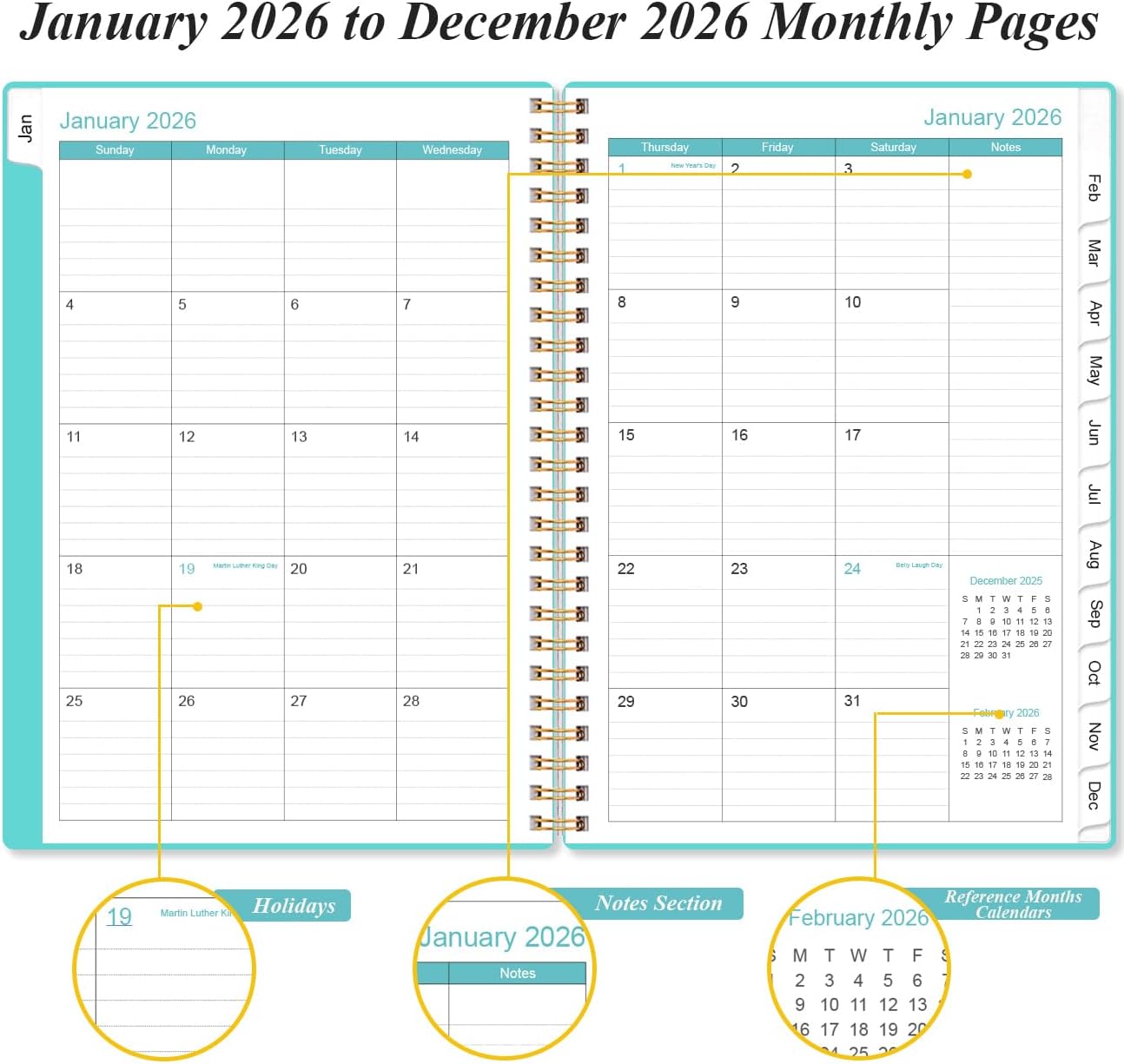 2026 Planner - Weekly and Monthly Calendar Planner from Jan 2026 - Dec 2026, Planner 2026 Spiral Bound with 12 Monthly Tabs, Inner Pocket, Perfect for School Office Supplies, 6.4" x 8.5", Teal