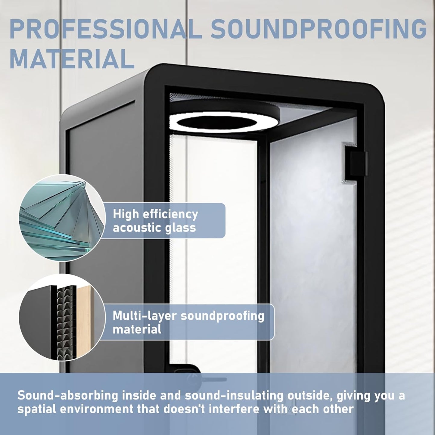 Office Sound Booth with Audio Privacy - Modern Soundproof Booth Includes Black Frame Design,Simple Soundproof Room with Light, Socket,Casters for Office,Telephone (39.37IN)