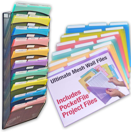 Ultimate Office Mesh Wall File Organizer, 10 Tier Vertical Mount Hanging File Sorter. Multipurpose Display Rack Includes 18, 3rd Cut PocketFile Clear Document Folder Project Pockets (Black)