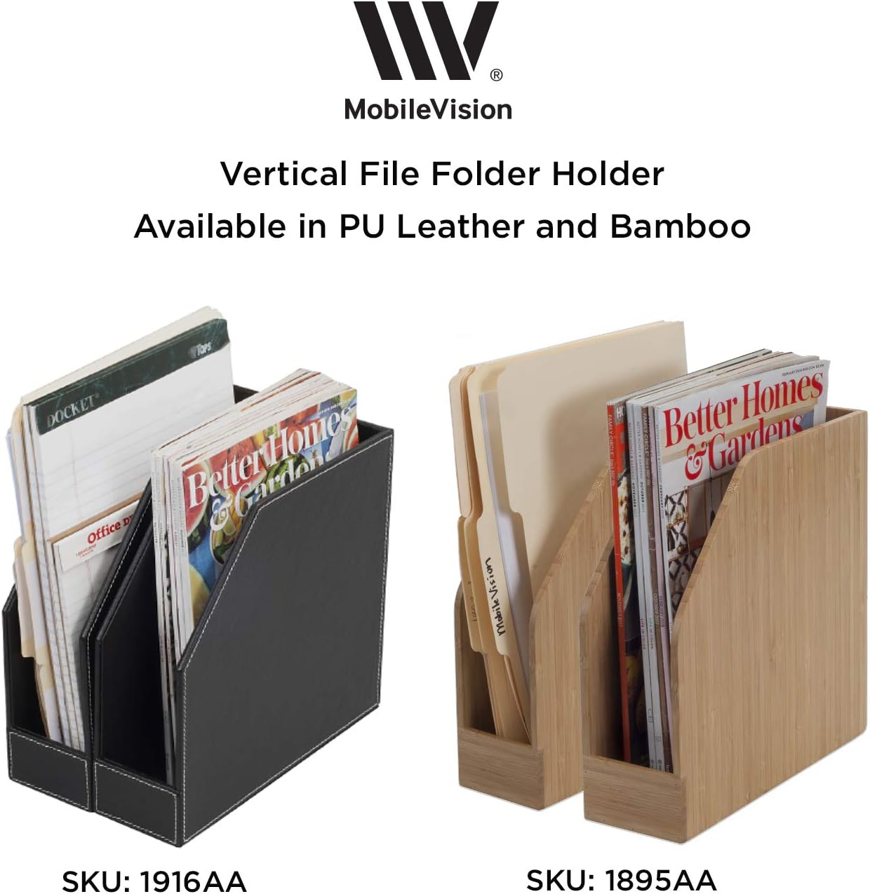 MobileVision Executive Leather Vertical File Folder Holder & Office Product Organizer, Store Files, Magazines, Notepads, Books and more, 2 Pack Combo Set