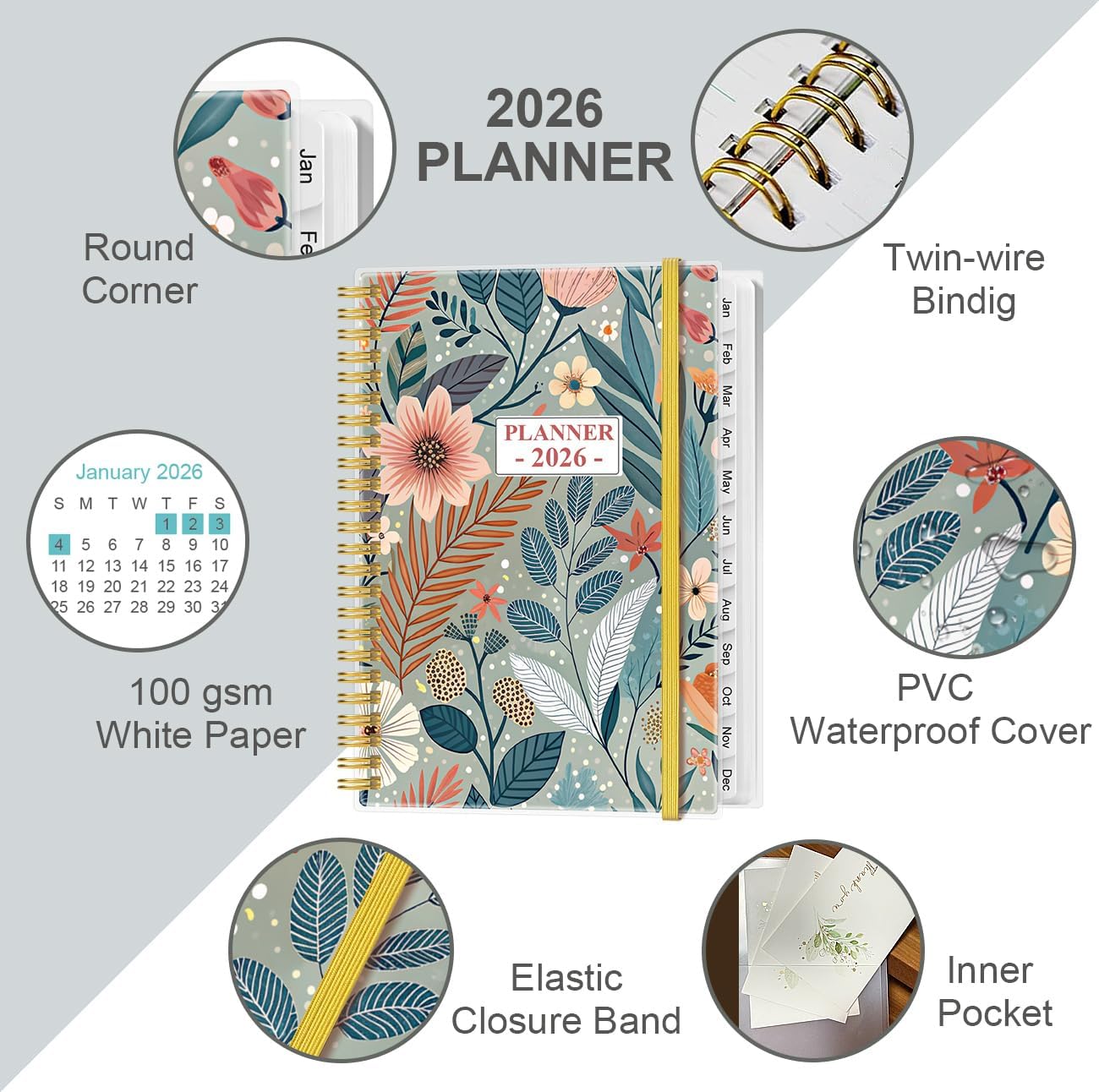 2026 Planner - Planner 2026 from January 2026 - December 2026, Weekly & Monthly Planner Spiral Bound with 12 Monthly Tabs, Inner Pocket, 6.4" x 8.5", Flower-A