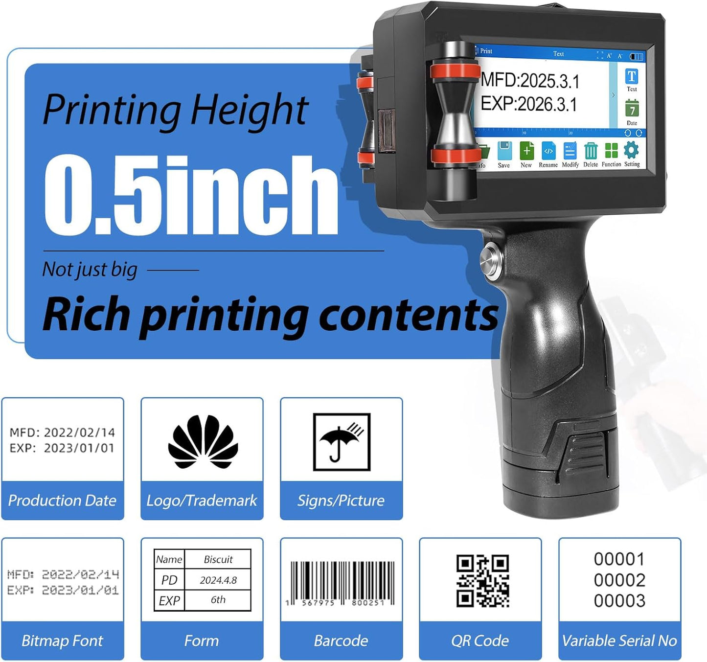 Handheld Inkjet Printer with 42ml Quick-Drying Ink Cartridge, Portable Ink Jet Coding Machine for Text/Date/Batch Number/QR Code/Barcode/Logo, Print Height from 0.08 to 0.5 Inch (ZM-C800)