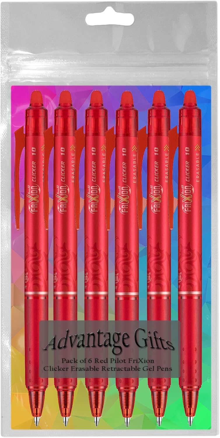 FriXion Clicker Retractable Erasable Gel Pen, Red, Bold Point, 6-pk; Bundle with Plastic Reusable Pouch