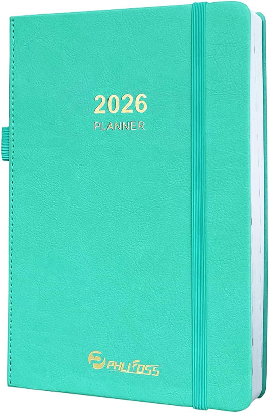 2026 Daily Planner/Calendar, One Page Per Day, Daily Monthly Agenda Planner with Time Slots and Monthly Tabs, Jan - Dec 2026, 5.7" x 8.25" Appointment Book, Pen Holder, Leather Cover (2026-Lake Green)