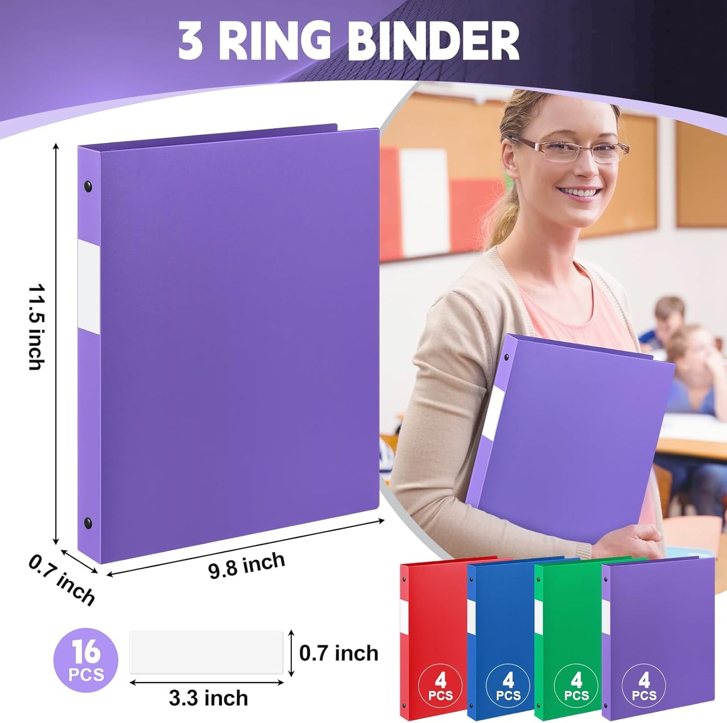 Henoyso 16 Pcs 3 Ring Binder 1/2'' Round Fits Letter Size 8. 5'' x 11'' Paper Plastic Flexible Binder Holds 100 Sheets with 1 Pockets Versatile Organizer for Office Home School (Blue Green Purple Red)
