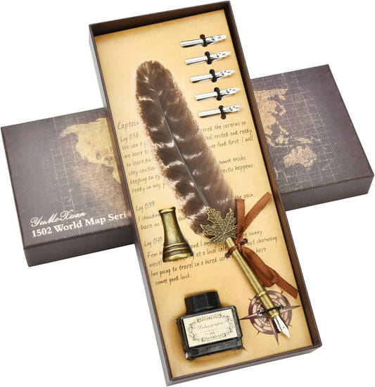Hethrone Feather Pen and Ink Set - Calligraphy Quill Pen Set Includes Dip Pen, 5 Replacement Nibs and Pen Holder for Writing Lovers (Brown)
