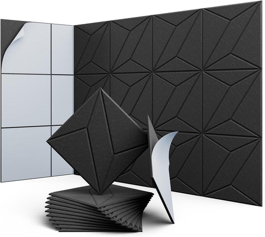 12 Pack 12" X 12" X 0.4" Acoustic Panels for Wall Sound Absorbing, P-Stripes Square Self-Adhesive Sound Panels, High Density Suitable for Multiple Scenarios(Black)