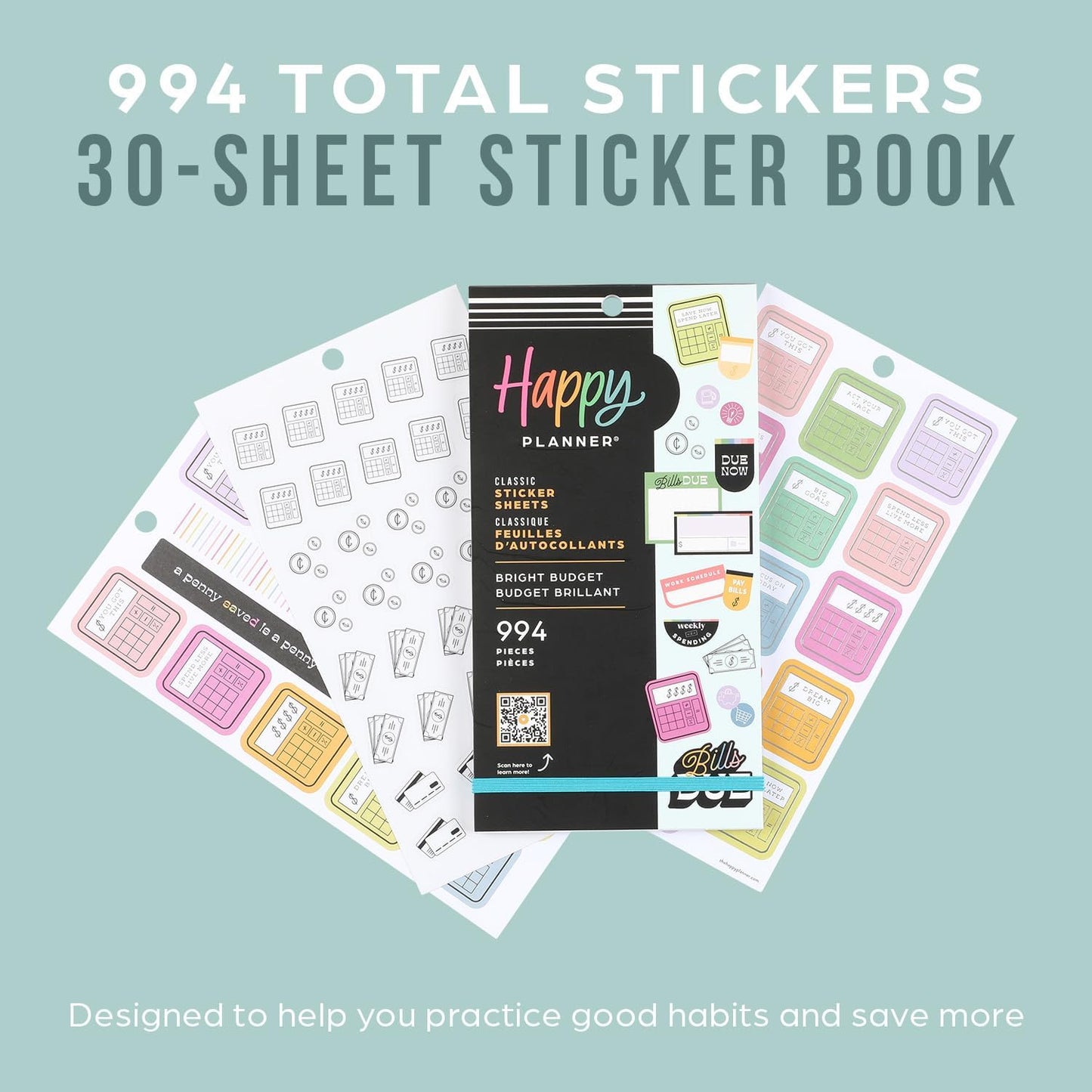 Happy Planner 12 Month Planner Box Bundle– Jan 2024 – Dec 2024 – Budget Layout – Includes 12 Month Dated Classic Size Planner, Block Pad Paper & 30 Sheet Sticker Book – Bright Budget Theme