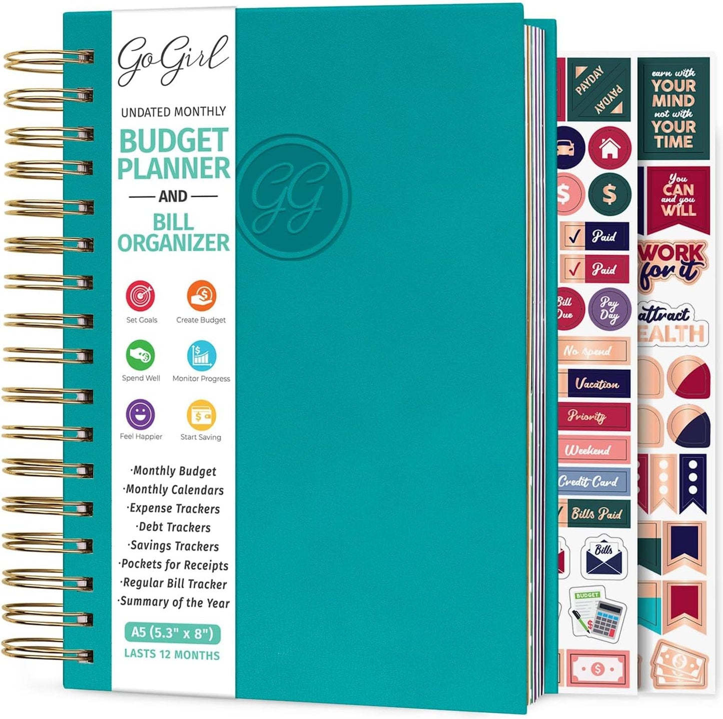GoGirl Budget Planner & Monthly Bill Organizer – Monthly Financial Book with Pockets. Expense Tracker Notebook Journal, Compact (Turquoise)