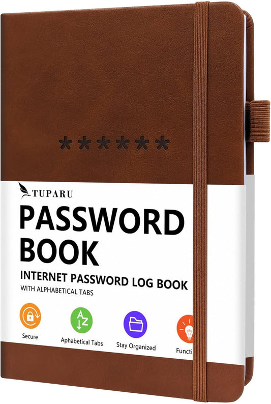 Password Book with Alphabetical Tabs – Hardcover Internet Address & Password Organizer – Password Keeper Notebook for Computer & Website – 5.2 x 7.6" Log-in Password Journal w/Thick Paper (Brown)