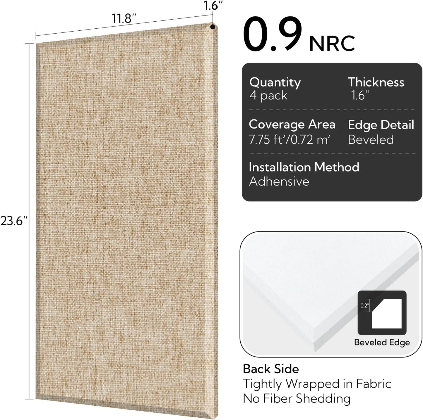 Olanglab Fiberglass Acoustic Wall Panels 4 Pack, 11.8'' x 23.6'' Sound Panels, Fabric Wrapped Sound Proof Panels for Walls (Khaki)