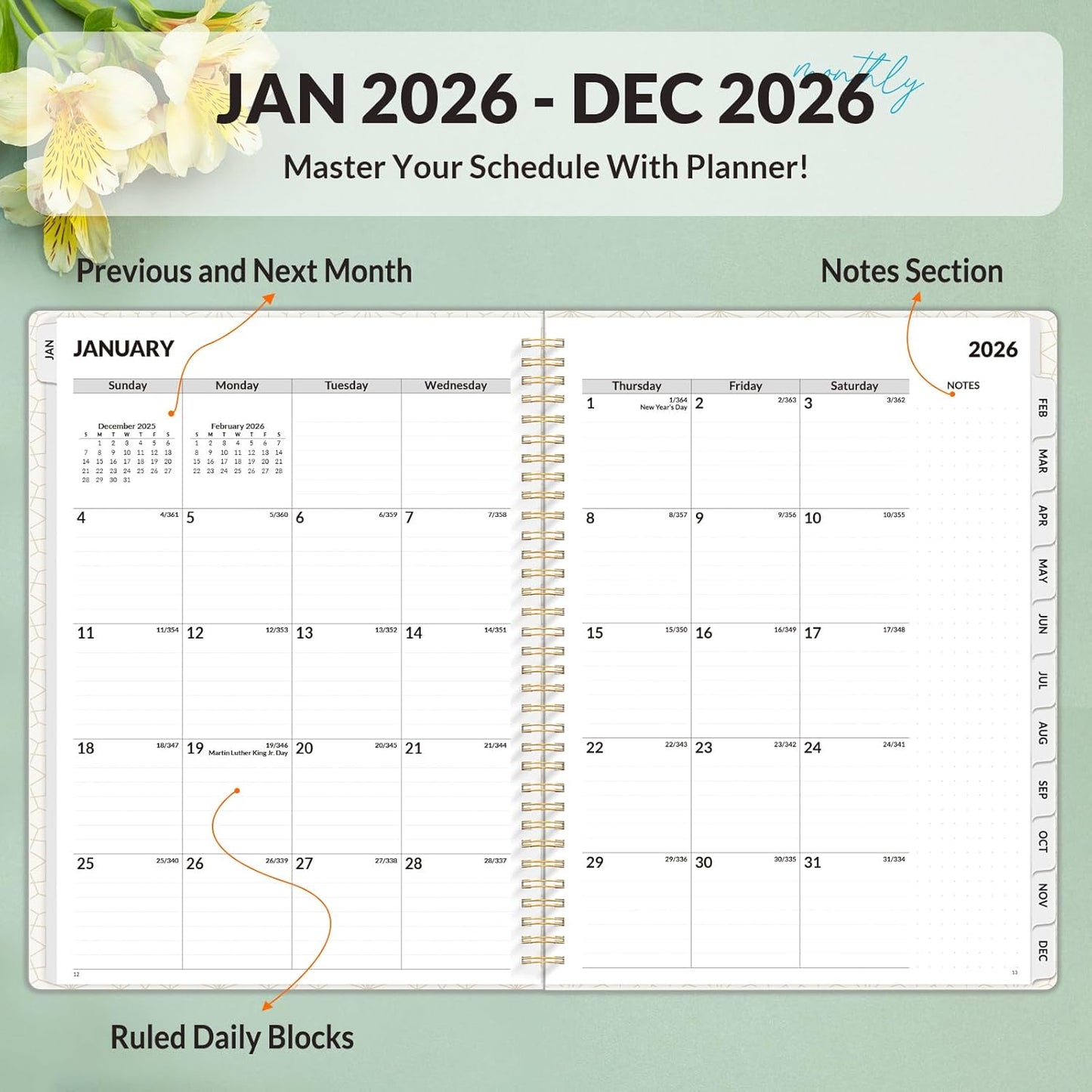 SUNEE Planner 2026 Weekly and Monthly, January 2026-December 2026, 8.5"x11", Tabs, Note Pages,Spiral Binding, Flora