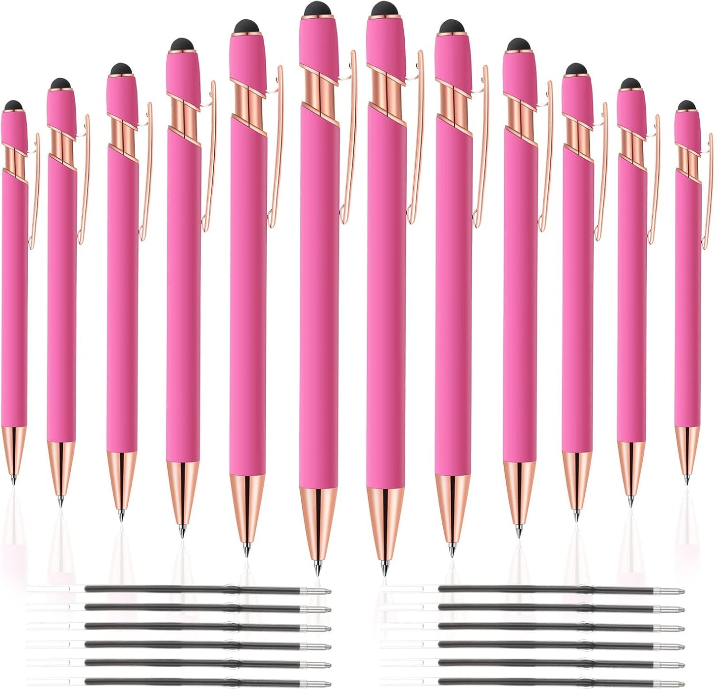12 PCS 2 in 1 Stylus Ballpoint Pen with Stylus Tip, 1.0 mm Black Ink Metal Pen Stylus Pen for Touch Screens (Rose Gold & Pink)