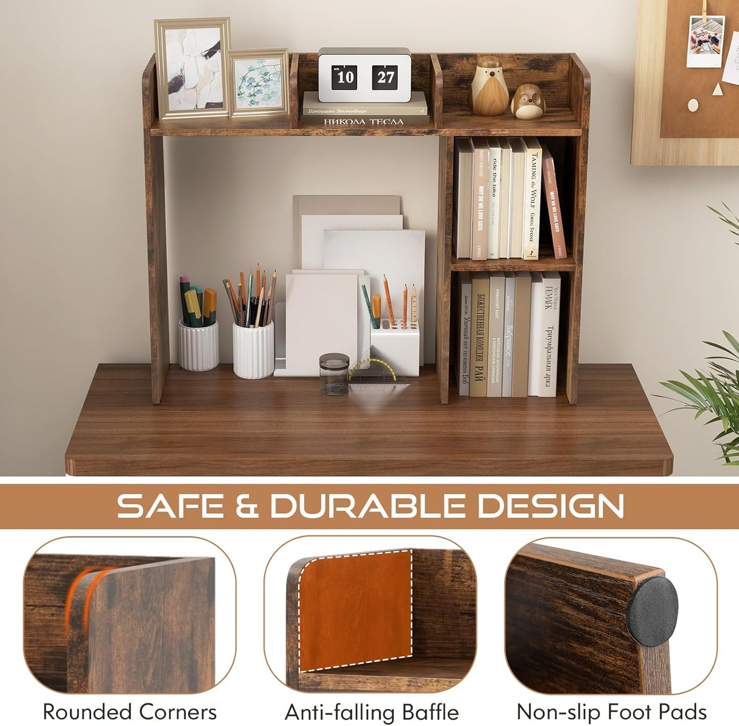 Tangkula Desktop Bookshelf, Countertop Storage Hutch with 5 Shelves for Computer Desk, Desktop 3-Tier Display Rack, Multipurpose Wood Desktop Hutch Storage Organizer for Dorm Office, Brown