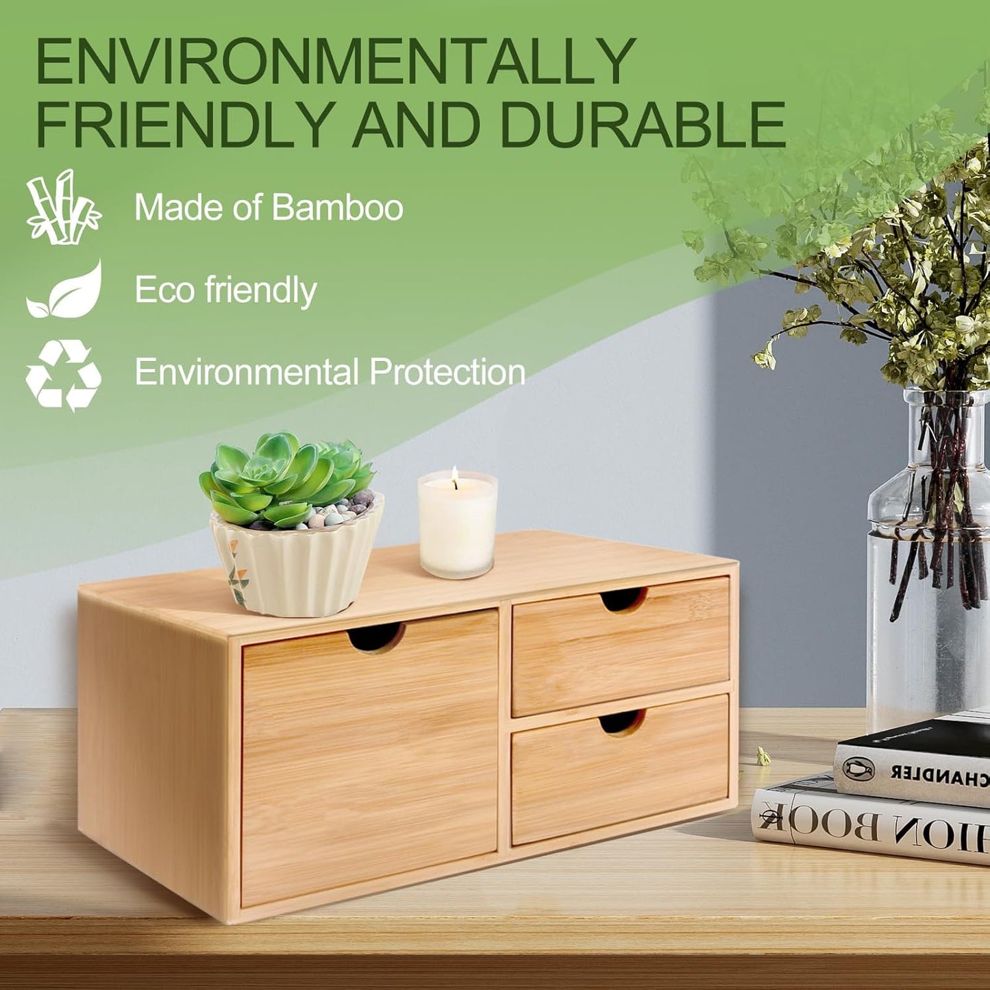 Bamboo Desk Organizer 3 Drawer with Shelf, Countertop Organizer with Drawers Makeup Storage Drawer 3 Drawers Tabletop Storage Organization Box Home Office Workspace