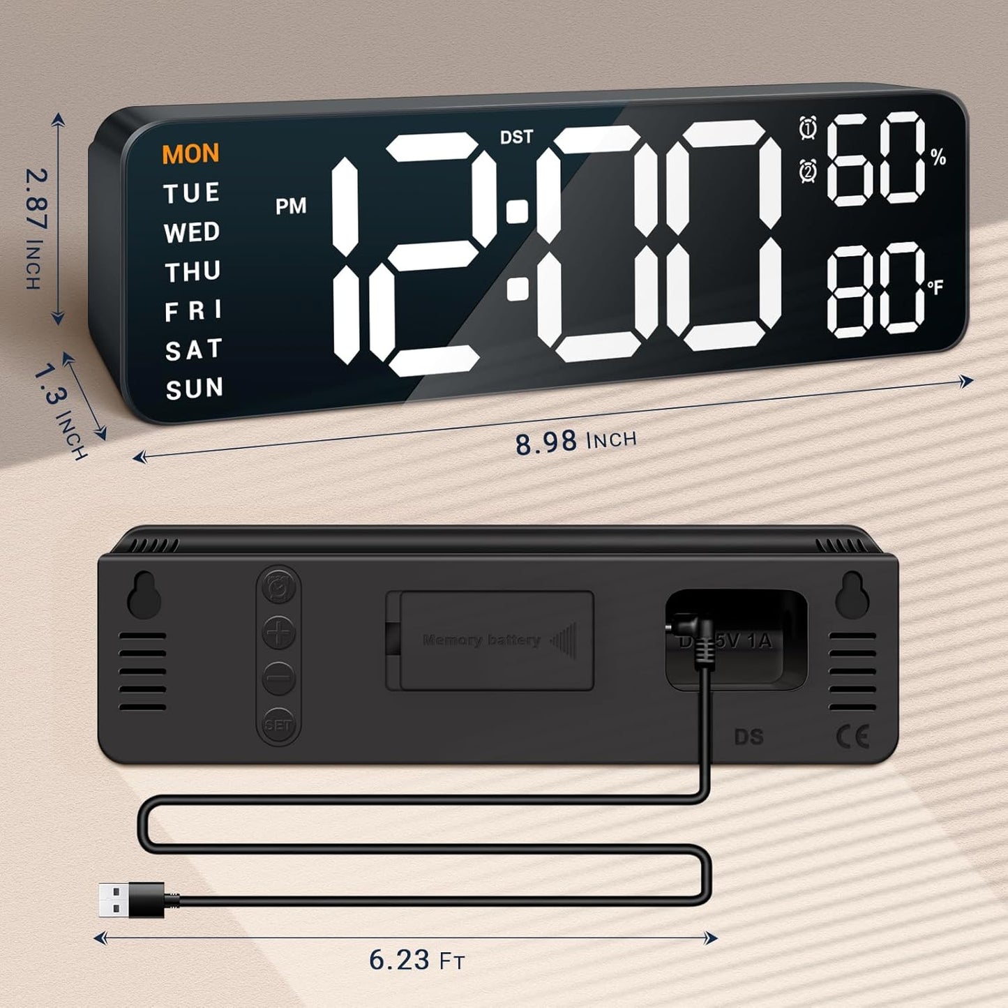 10" Digital Wall Clock: Dual Alarm Wall Mount Decor Clock for Living Room Classroom Office Desk, House Warming Gifts New Home Decor, Gift for Mom Dad Seniors Teen White